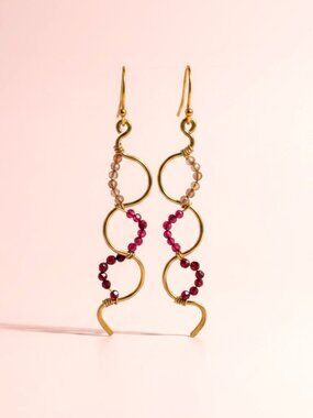 Unique Gold Squiggle Earrings with Rubies, Garnets and Strawberry Quartz